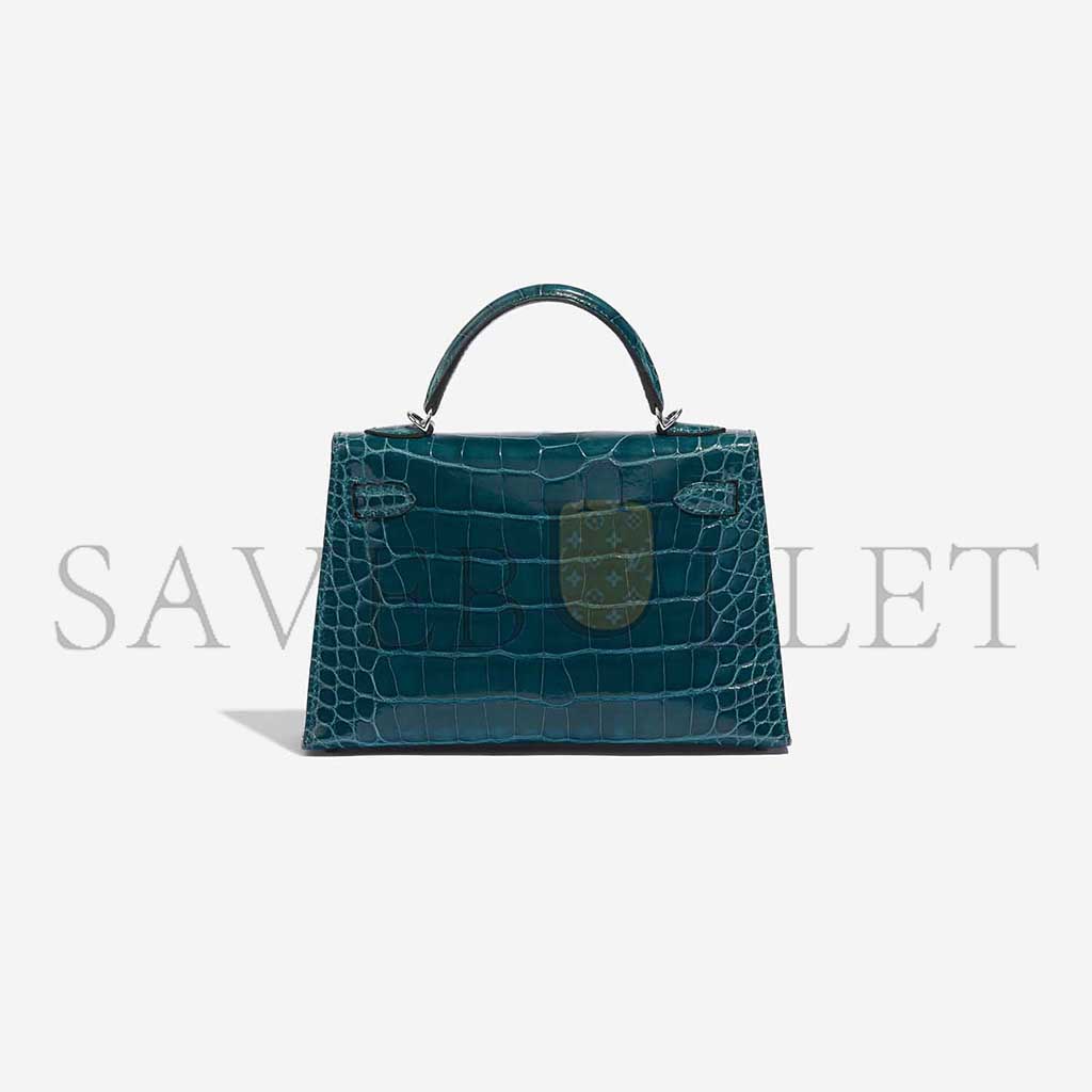 HERMÈS MASTER KELLY MINI II SILVER BUCKLE SHINY CROCODILE BOSPHORUS GREEN (19*12*5.5cm) 